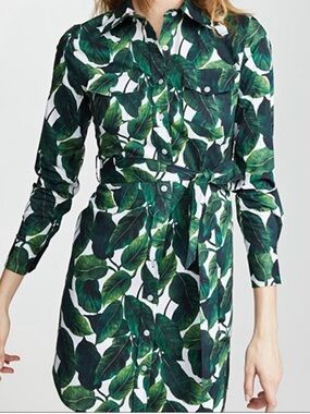 Milly Green Banana Leaf Long Sleeve Shirt Dress
